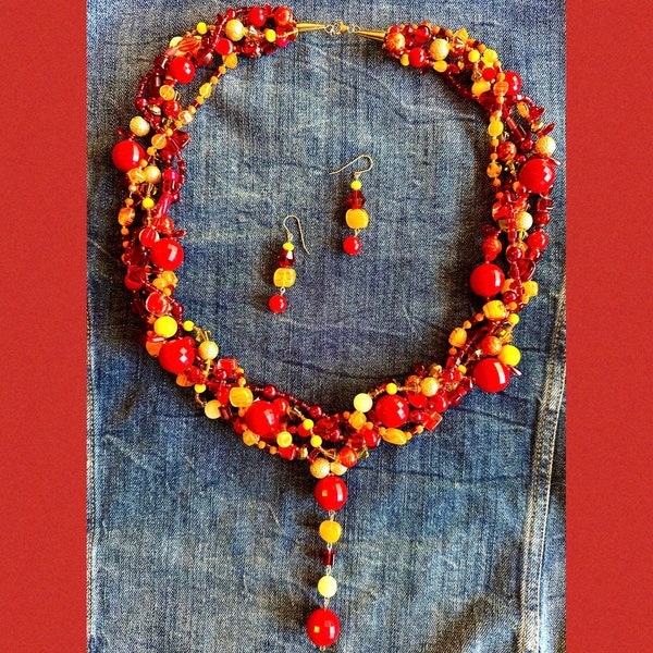 5 Strand Red, Orange, And Yellow Necklace With Gold Filled End Cones And Clasp With Matching Earrings!!