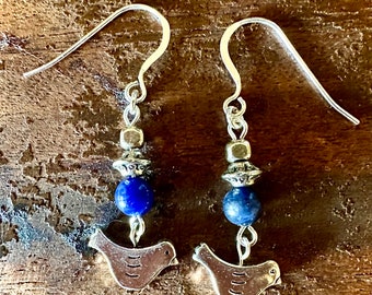 Silver Bird Charm Earrings: Blue Sodalite, Sterling Silver Ear Wires