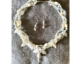 Vintage Beaded Necklace & Earrings: Ivory White Crystal, Sterling Silver Clasp