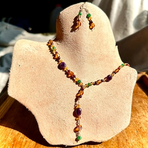 Colorful Handmade Amethyst, Aventurine, Garnet, And Gold Filled Necklace And Earring Set
