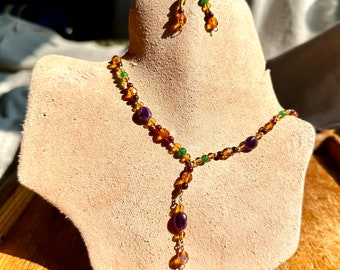 Colorful Handmade Amethyst, Aventurine, Garnet, And Gold Filled Necklace And Earring Set