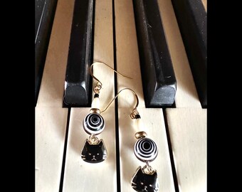 Gold Plated Black Cat Charm Earrings with Mother of Pearl