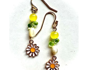 Daisy Charm Earrings: Green, Yellow Beads & Mother of Pearl - Gold Plated