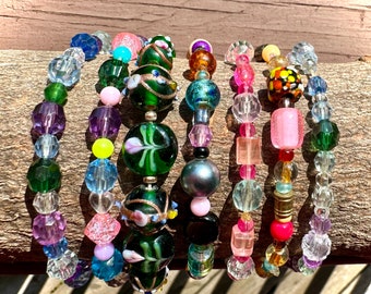 Set Of 7 Women’s Unique Handmade Beaded Stretchy Bracelets