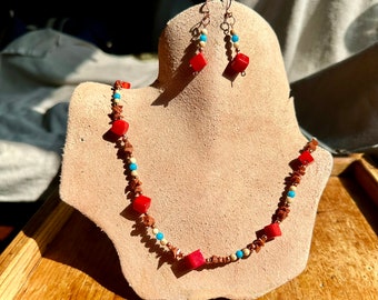 Handmade Coral & Fossil Stone Necklace Earring Set: Copper Accents