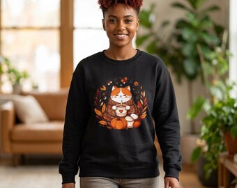 Op de afbeelding: Een zwart sweatshirt met lange mouwen en een grafische illustratie van een wit-oranje kat in een bruine trui, die een mok met een hartje vasthoudt, omringd door herfstbladeren, een pompoen en een kleine witte paddenstoel.