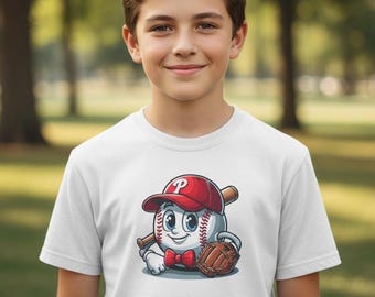 Baseball-T-shirt voor jongeren: Cartoon Slugger-shirt met korte mouwen