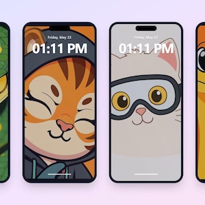 Könnte beinhalten: Vier Smartphones mit Cartoon-Tier-Hintergründen. Die Bildschirme zeigen eine grüne Schlange, eine orange Katze mit Kapuze, eine weiße Katze mit Brille und eine orange Eidechse. Jedes Display zeigt die Uhrzeit: 13:11 Uhr, Freitag, 22. Mai.
