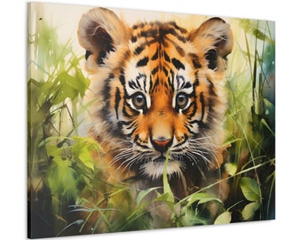 Aquarell Baby Tiger Cub In Natur Kunst Leinwand Galerie Wraps Wohnkultur Geschenk Tiger Print Art Tier Wand Kunst minimalistische Wand Kunst Liebhaber Geschenk
