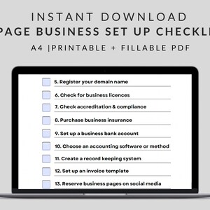 May include: A checklist on a laptop screen for setting up a business. The checklist includes items such as registering a domain name, checking for business licenses, and setting up a business bank account.