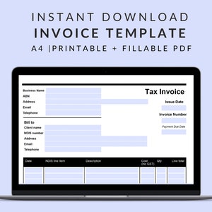 May include: A black and white printable tax invoice template for A4 paper. The template includes fields for business name, ABN, address, email, telephone, client name, NDIS number, address, email, telephone, issue date, invoice number, payment due date, date, NDIS line item, description, cost (inc GST), quantity, and line total.