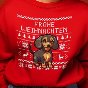 Christmas &quot;Frohe Weihnachten” Dachshund Sweater & Tee – Faux Cross-Stitch Design with Dachshund - Frohe Weihnachten - Dog Holiday Apparel