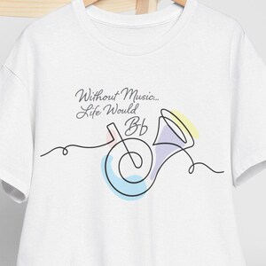 French Horn T-Shirt – Elegant one-line brass design with colorful accents! Perfect for orchestra lovers, playing in school band & musicians