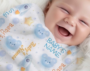 Personalizowany kocyk polarowy dla chłopca: Balony, misie, rakiety