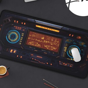 May include: A black rectangular mousepad with a futuristic, sci-fi control panel design. The pad features orange, blue, and yellow accents, a white mouse, and a small plant. A laptop, coffee cup, and pencils are also visible.