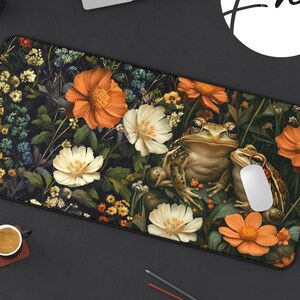 Forestcore ‘Frogs in Enchanted Garden’ Desk Mat — Dark Floral Mouse Pad — Whimsical Nature Aesthetic Gift — XL Gaming Mat Office Decor