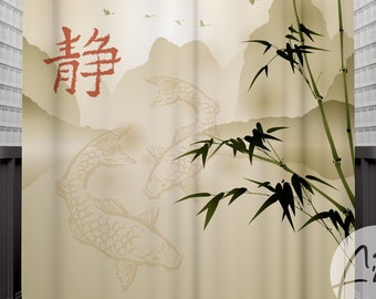 Trendy Shower Curtain With Zen Inspired Serenity Design, Fish Swimming Down A Japanese Landscape, Waterproof Shower Curtain, Bathroom Decor