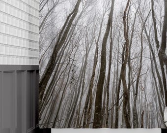 Winter Forest Shower Curtain — Misty Woodland Bathroom Decor — Bare Tree Nature Print — Rustic Modern Home Accent — Waterproof & Stylish