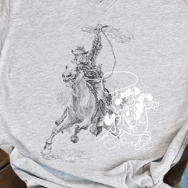 Unique Retro Western Graphic Tee #2: Soft V Neck Shirt With Antique & Retro Designs. The Wild West In Faded Glory. For The Cowgirl At Heart
