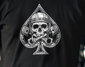 Biker’s ‘Ace of Spades’ Shirt – Skull & Crossed Pistons Motorcycle Tee