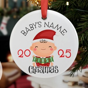 Personalized &quot;Baby’s First Christmas&quot; Round Acrylic Ornament - Illustrated Baby & First Christmas Sign - Custom Keepsake - Seasonal Decor