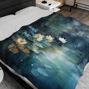 Trendy Soft Blanket With Watercolor Water Lilly Design, Unique Floral Decor, Velveteen Plush Blanket, Throw Blanket, House Warming Gift