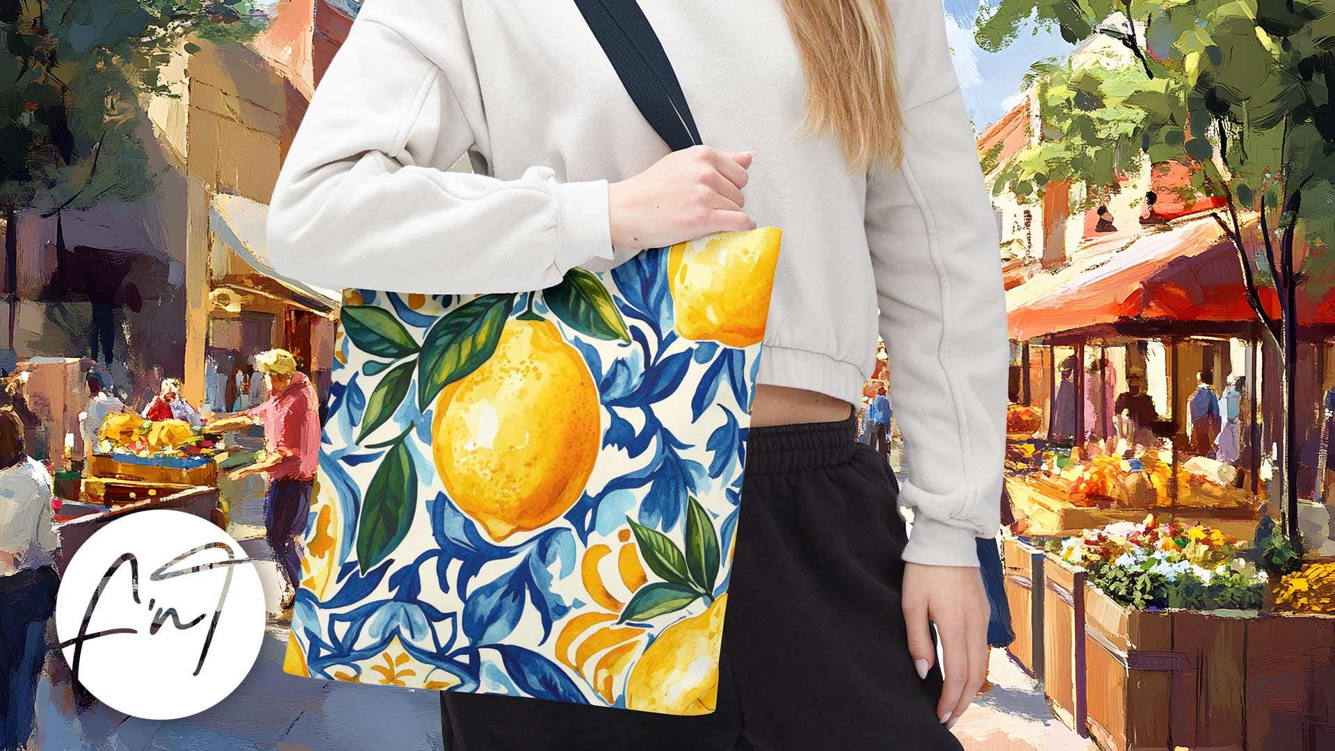 Lemon Tote Bag: Blue Italian Tile Design, Citrus Market Bag - Etsy