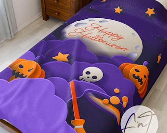 Halloween Throw Blanket: Spooky Ghosts, Pumpkins, Bats - Purple Fall Decor