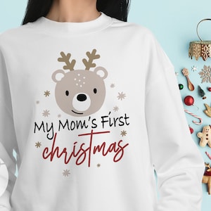 Festive “My Mom’s First Christmas” Sweatshirt for New Moms - Cute Reindeer Face - Perfect Baby Shower Gift - Holiday Gift For Her