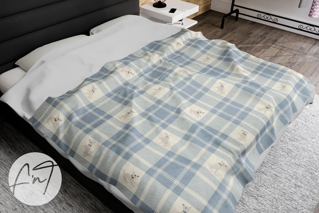 Christmas Blue Plaid Blanket With Dogs Christmas Decor Blue Etsy