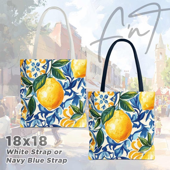 バッグ stina lemon wing frill tote bag Lemon Tote Bag: Blue Italian Tile Design, Citrus Market Bag - Etsy