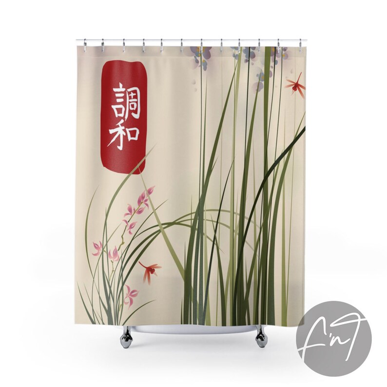 Trendy Shower Curtain With Zen Inspired Bamboo Design, harmony