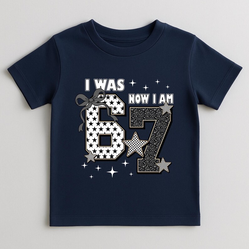 Mockup of the "I Was 6 Now I Am 7" design on a cozy sweatshirt. This option is perfect for fall or winter birthdays. The playful graphic with stars and animal prints stands out beautifully against the fabric. It is a comfortable and warm choice for a birthday girl who wants to look stylish while staying cozy during her special day or birthday trip.