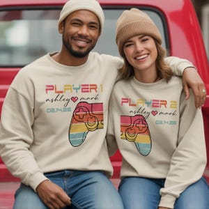 Retro Gamer Couple Matching Sweatshirt, Player 1-2 Hoodie, Custom Valentines Anniversary Gift