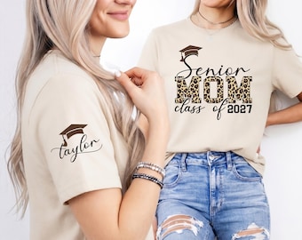 Custom Senior Mom Class Of 2027 Shirt Leopard Print Sleeve Name Grad Sweatshirt