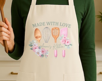 Personalized Floral Apron Custom Name Kitchen Gift Cooking Baking Mom Grandma