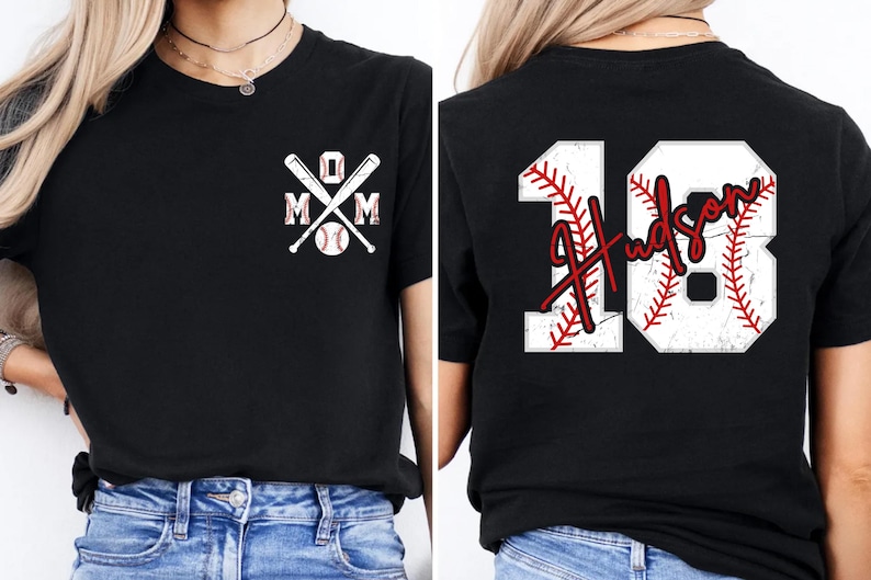 A shot highlighting the red script font. The name "Hudson" is written in a fluid, handwriting style that overlays the rigid block numbers, creating a modern and stylish aesthetic for sports parents.