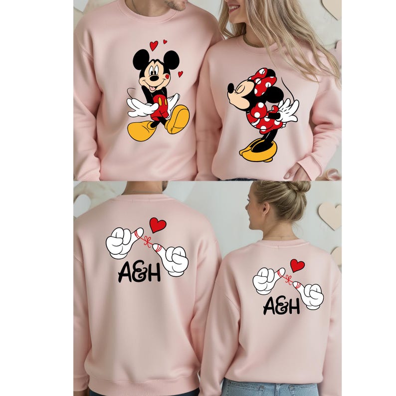 The image is a collage of four images featuring two people wearing pink sweatshirts with cartoon characters and the initials 'A&H' printed on them.