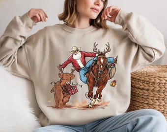 Western Cowboy Santa Christmas Shirt, Rodeo Sweatshirt, Horse & Reindeer Tee, Rustic Xmas Hoodie
