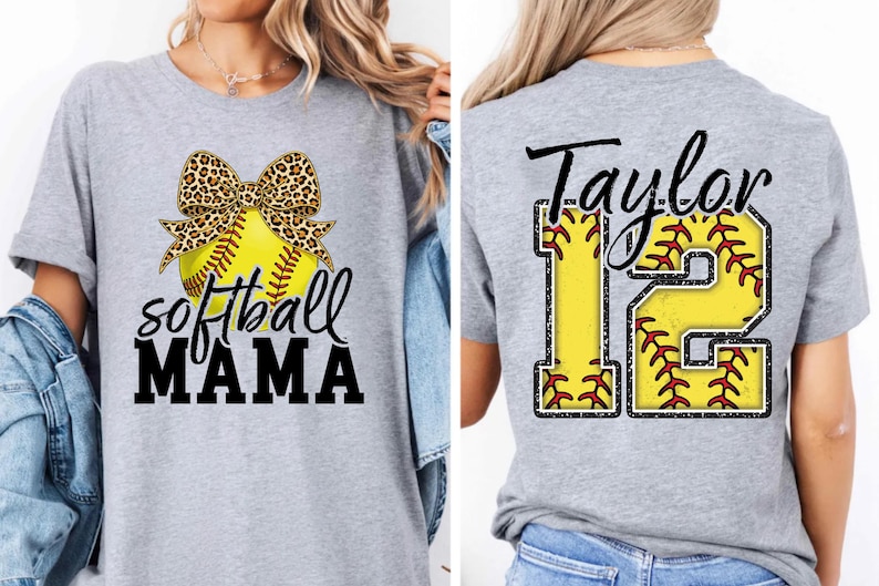 Front view of the "Softball MAMA" design. The leopard print bow adds a trendy, feminine touch to the sporty graphic. The neon yellow color of the ball pops against the black shirt, making it perfect for game days.