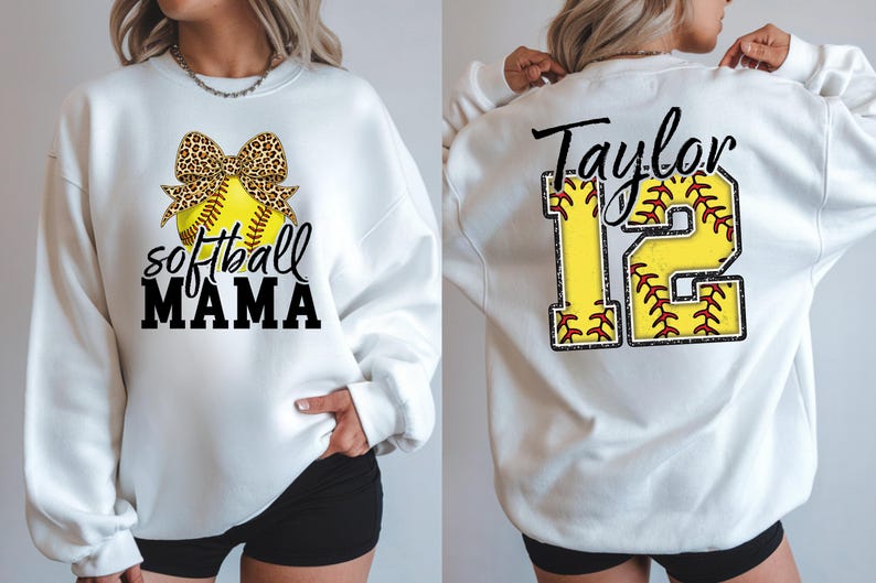 Rear view of the custom softball shirt showing the large back print. The number "12" is printed in a large, textured yellow font resembling a jersey. The name "Taylor" is written in a red script font across the top of the number.