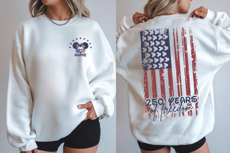 Detailed close-up of the back typography. The text "250 YEARS" is written in a bold, blue sans-serif font, while "of freedom" is written in a fluid, navy blue script font. The text overlaps the distressed red stripes of the flag.