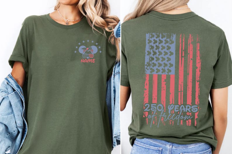 The image is a collage of two photos showing the back and front of a green t-shirt with a graphic design featuring an American flag and the text "250 YEARS OF FREEDOM".