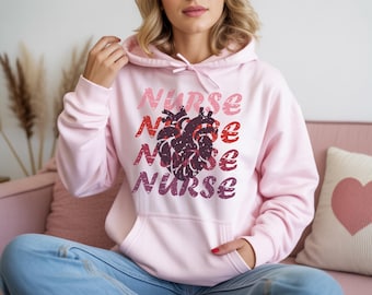 Nurse Valentine Hoodie Pink Heart Sweatshirt Anatomical Design Cute Gift Nursing Student Healthcare Love Shirt