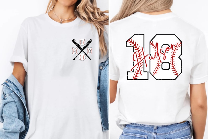 Front view of the pocket logo on a female model. The "MOM" text is customized in a collegiate block font with red stitching outlines. This minimalist front design allows the shirt to be worn casually while still showing support for the player.