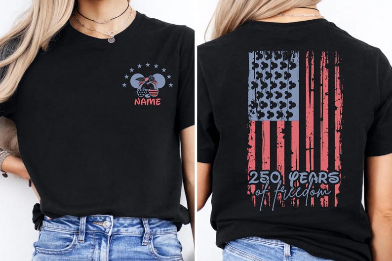 a black t-shirt with a graphic design on the back, featuring an American flag and the text "250 YEARS OF FREEDOM".