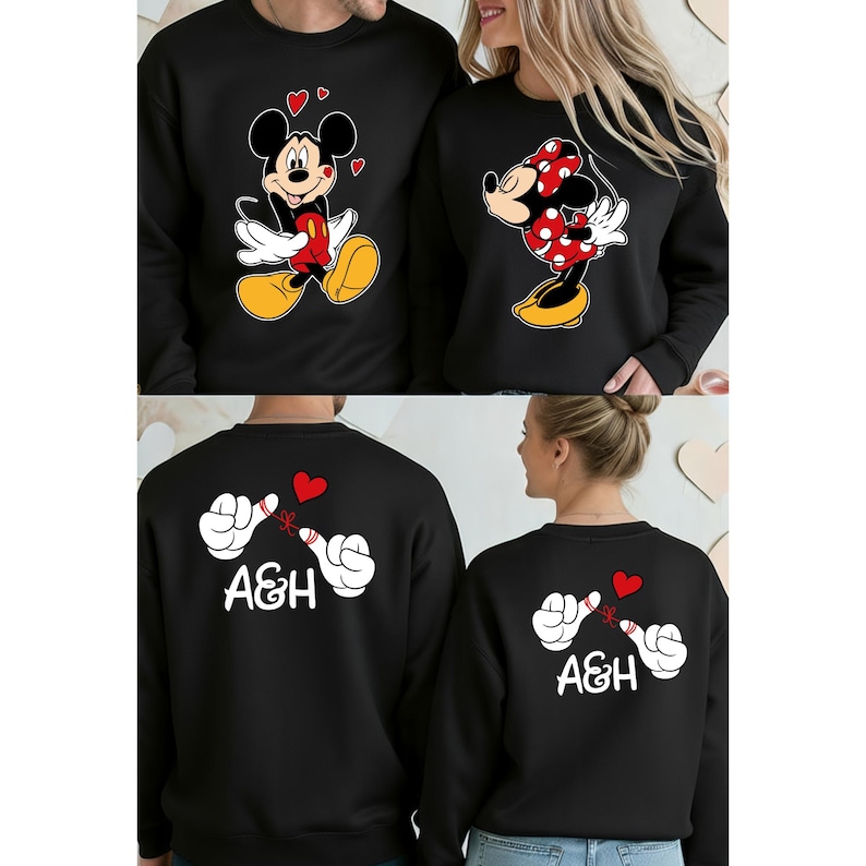 The image is a collage of four images featuring a man and a woman wearing matching black sweatshirts with a Mickey Mouse design.