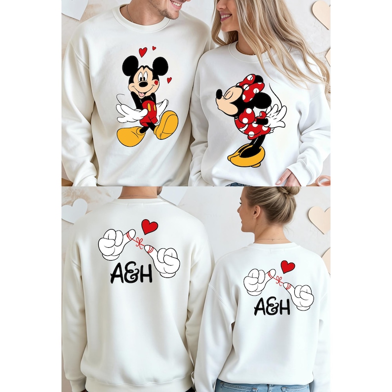 The image is a collage of four images featuring a man and a woman wearing matching white sweatshirts with Mickey Mouse designs.