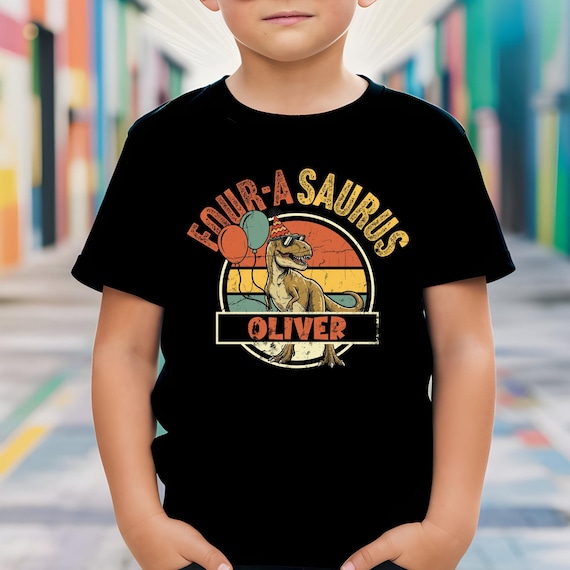 Custom  4th Birthday Boy Dinosaur Shirt, Personalized Four Ever Young Toddler Gift