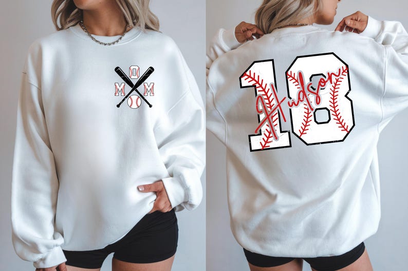 Detailed close-up of the back graphic. The white fill of the number "18" has a subtle distressed texture. The red stitching lines mimic the seams of a real baseball. The script name "Hudson" contrasts boldly against the number, making it easy to read from the bleachers.